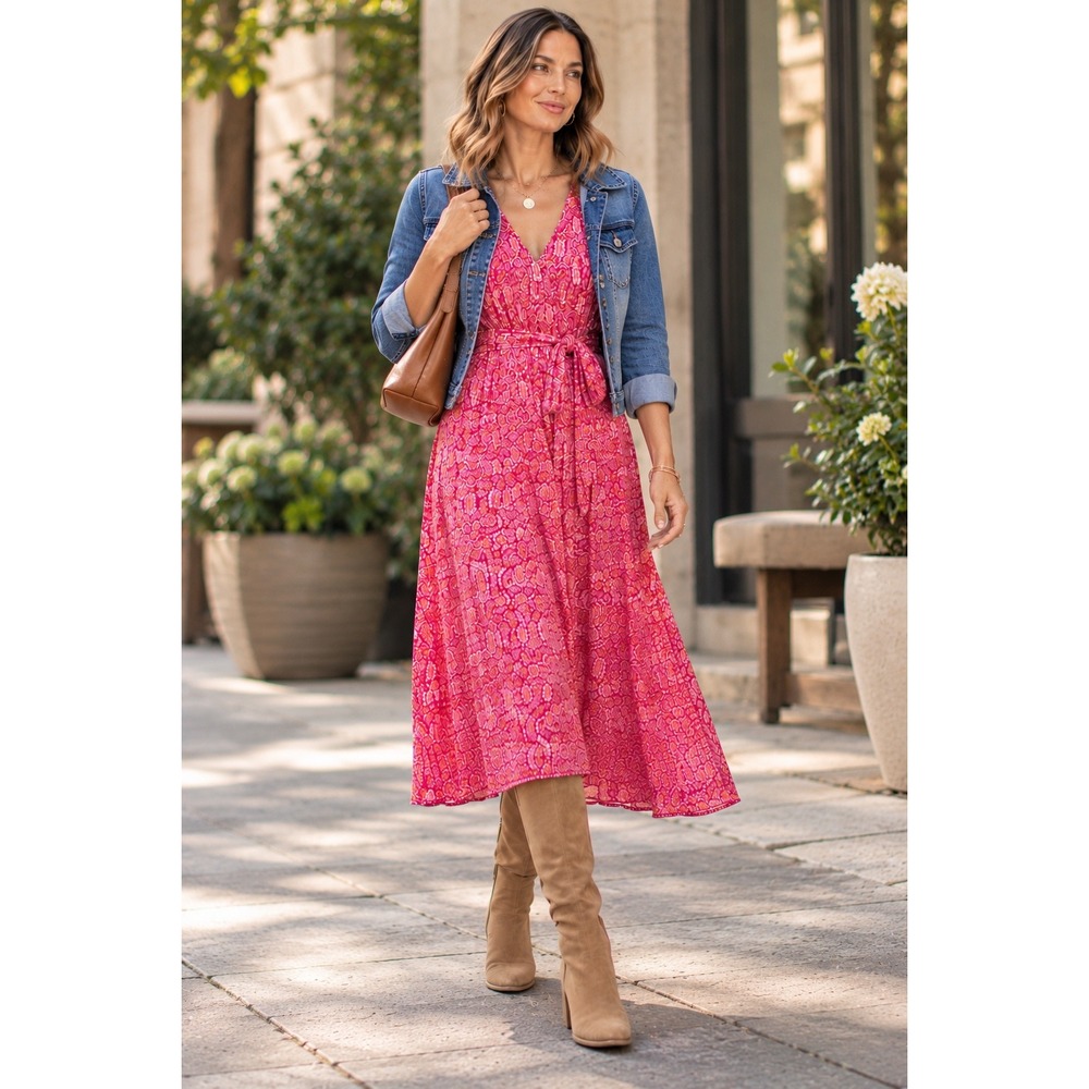 Gap‎ Pink Paisley Midi Dress Sleeveless V Neck Tie Waist Boho M
